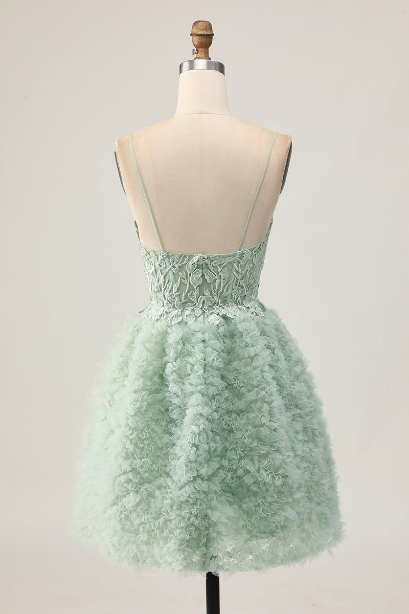 Load image into Gallery viewer, Sage Green Short Ruffled Corset Prom Dress with Lace