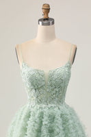 Load image into Gallery viewer, Sage Green Short Ruffled Corset Prom Dress with Lace