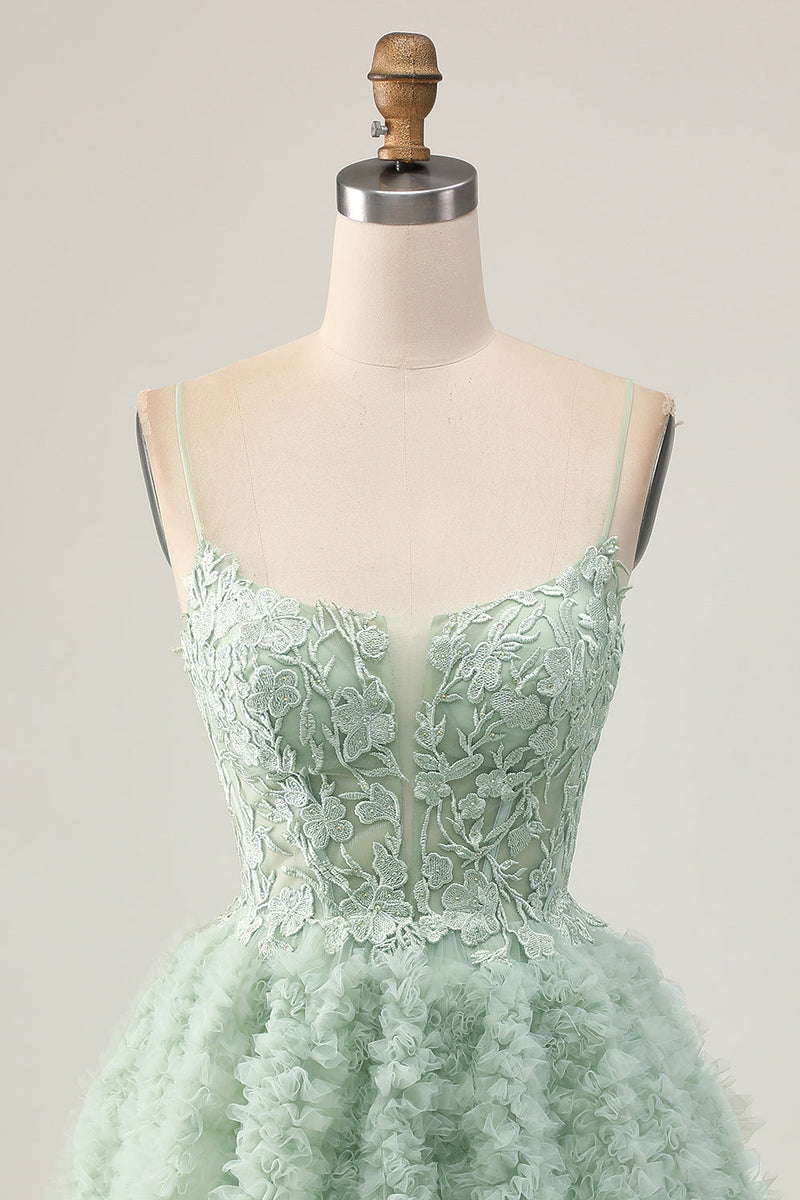 Load image into Gallery viewer, Sage Green Short Ruffled Corset Prom Dress with Lace