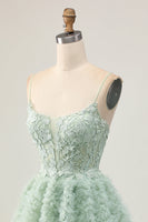 Load image into Gallery viewer, Sage Green Short Ruffled Corset Prom Dress with Lace
