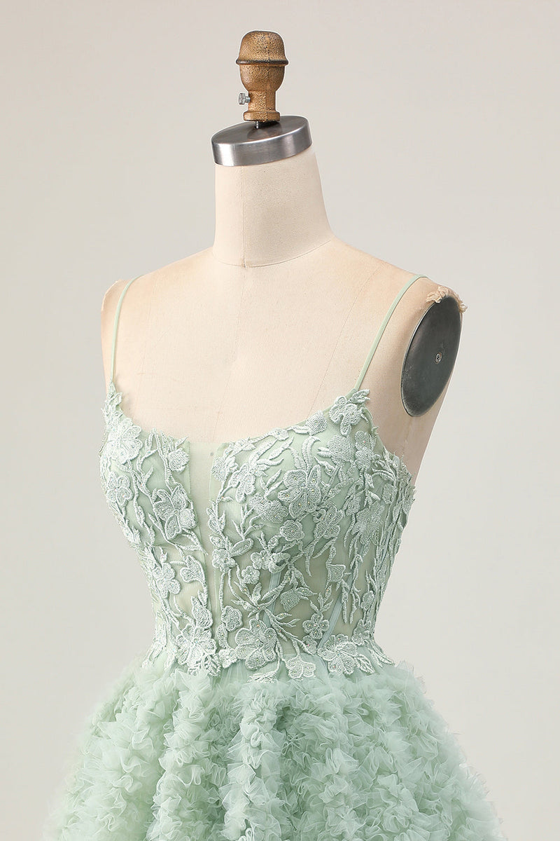 Load image into Gallery viewer, Sage Green Short Ruffled Corset Prom Dress with Lace