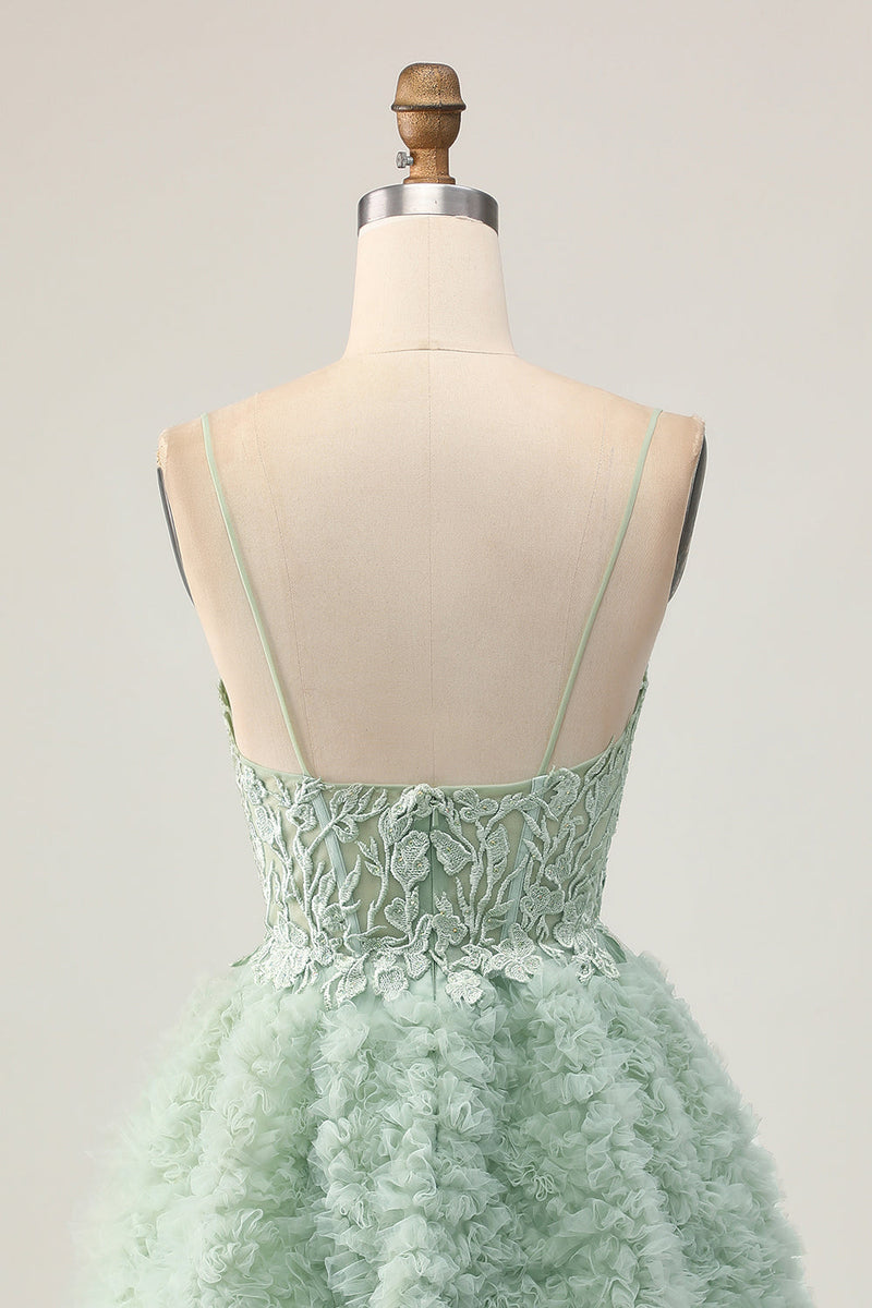 Load image into Gallery viewer, Sage Green Short Ruffled Corset Prom Dress with Lace