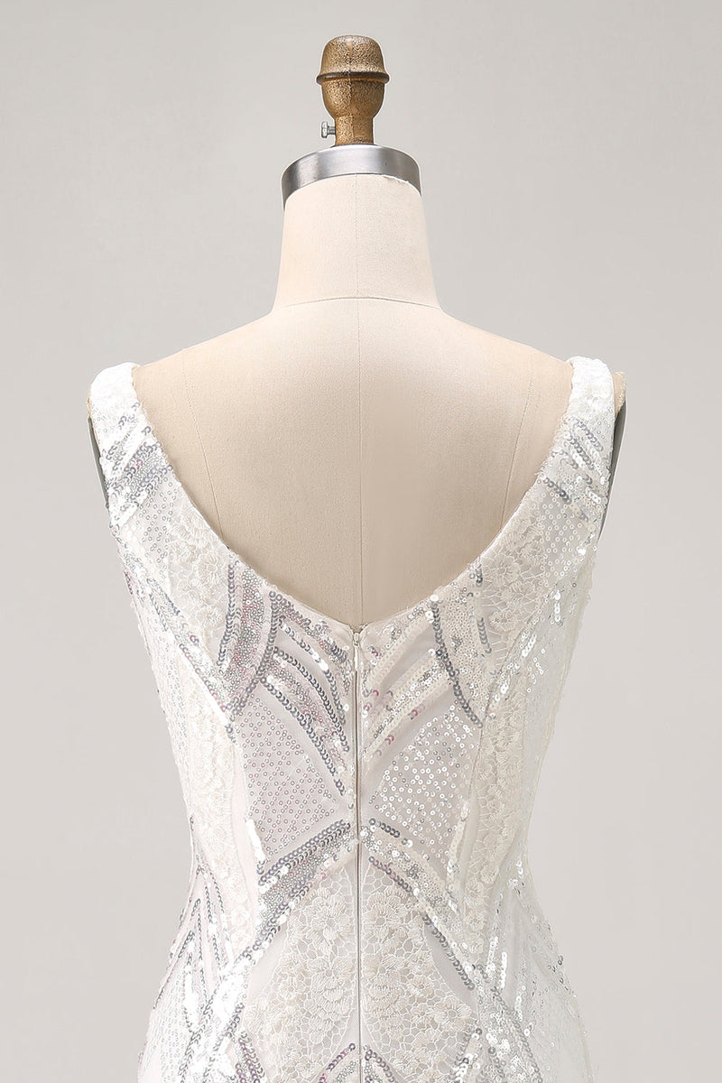 Load image into Gallery viewer, Sparkly White V-Neck Tight Short Prom Dress with Lace