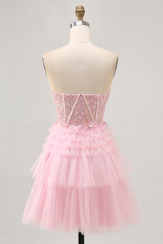 Sparkly Pink Tulle Short Corset Prom Dress with Lace