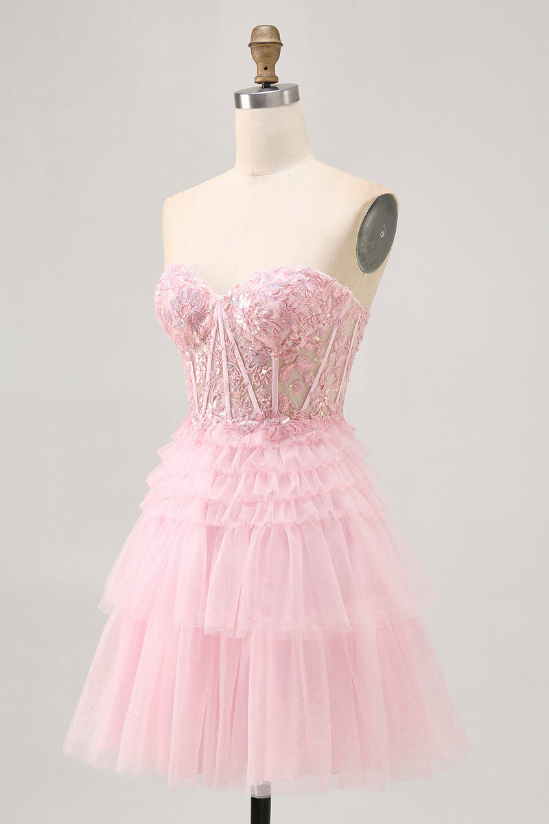 Load image into Gallery viewer, Sparkly Pink Tulle Short Corset Prom Dress with Lace