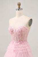 Load image into Gallery viewer, Sparkly Pink Tulle Short Corset Prom Dress with Lace