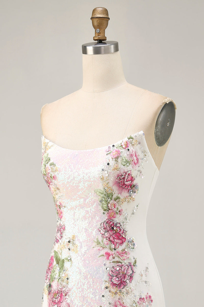 Load image into Gallery viewer, Sparkly White Strapless Floral Short Tight Prom Dress with Sequins