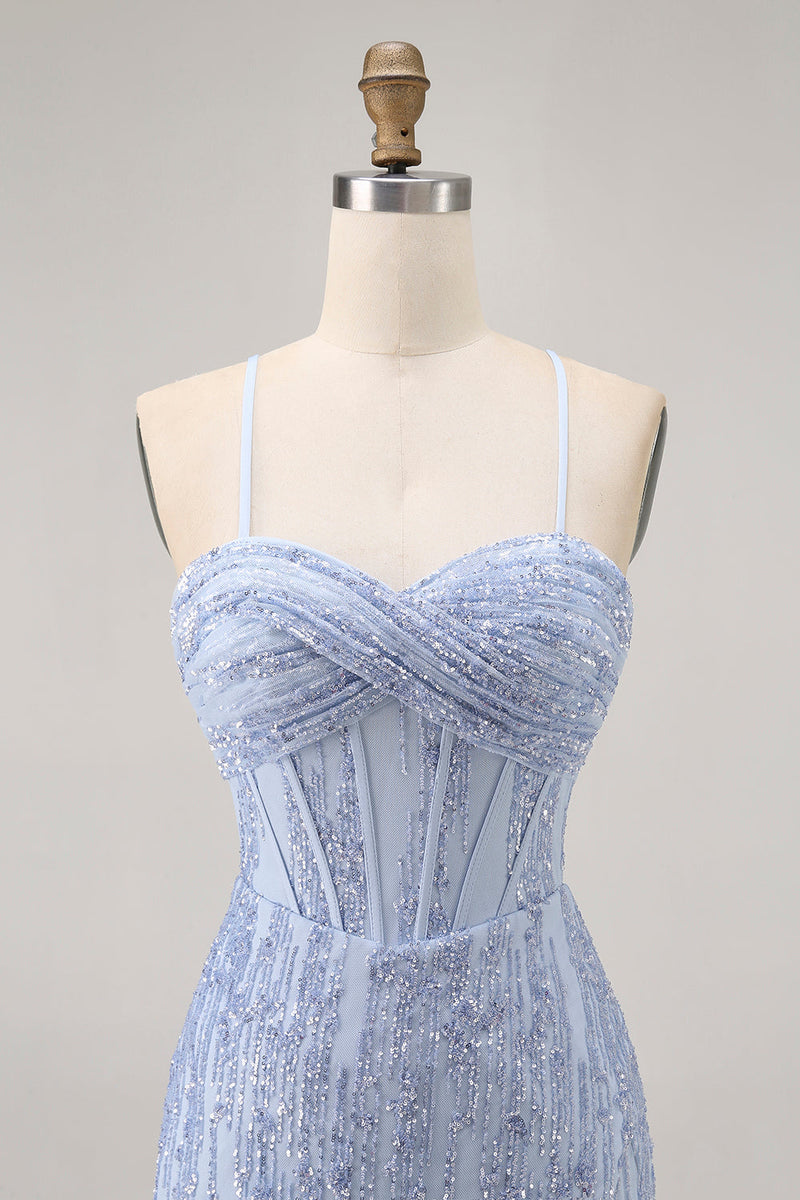 Load image into Gallery viewer, Sparkly Grey Blue Tight Corset Short Prom Dress with Sequins