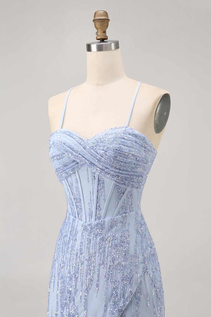 Load image into Gallery viewer, Sparkly Grey Blue Tight Corset Short Prom Dress with Sequins