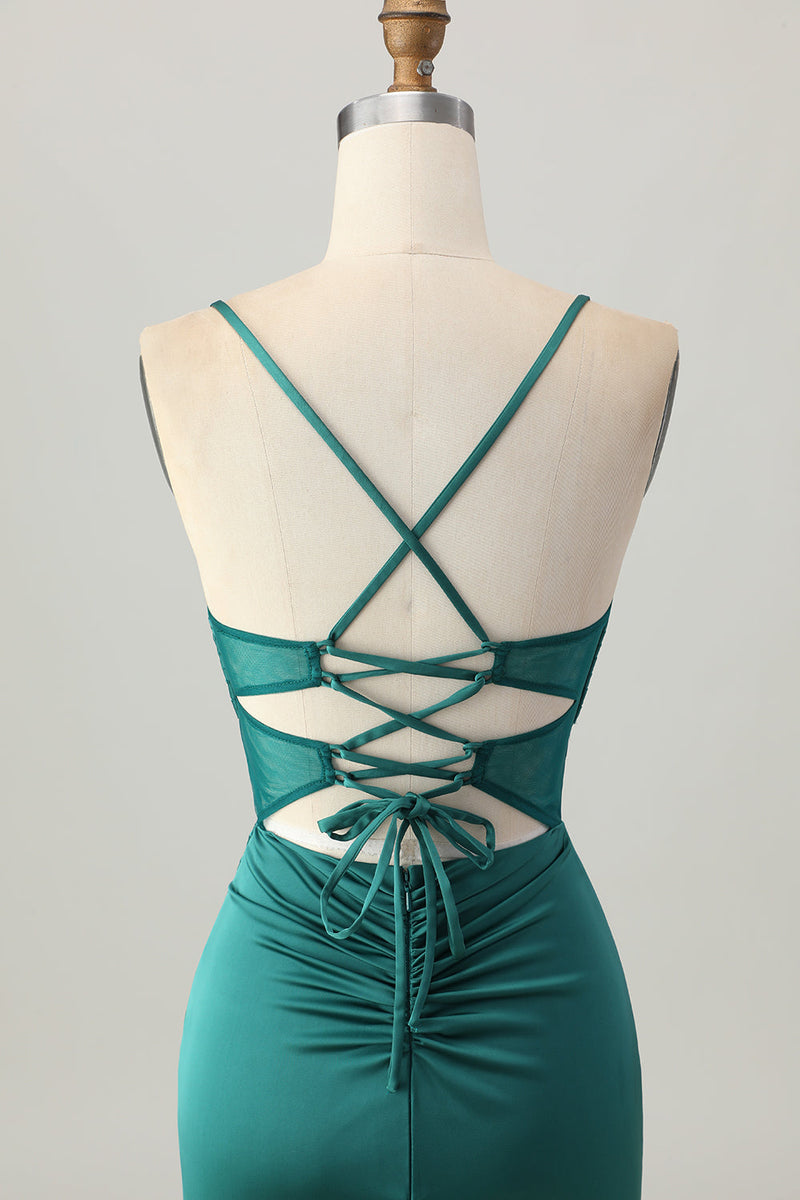 Load image into Gallery viewer, Dark Green Satin Corset Tight Short Prom Dress