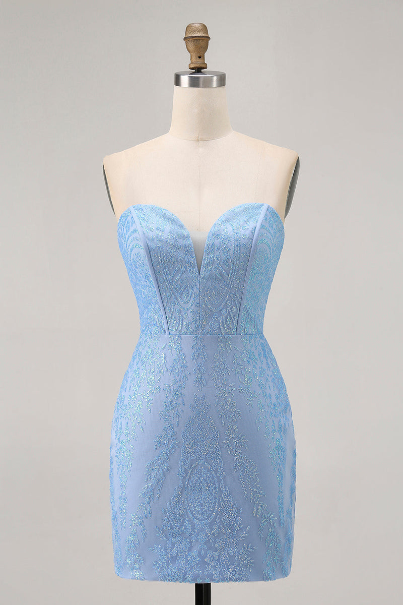 Queendancer Women Sparkly Blue Corset Prom Dress with Sequins Strapless  Tight Lace Up Back Short Cocktail Dress – queendanceruk