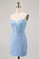Load image into Gallery viewer, Sparkly Blue Corset Strapless Tight Short Prom Dress with Sequins