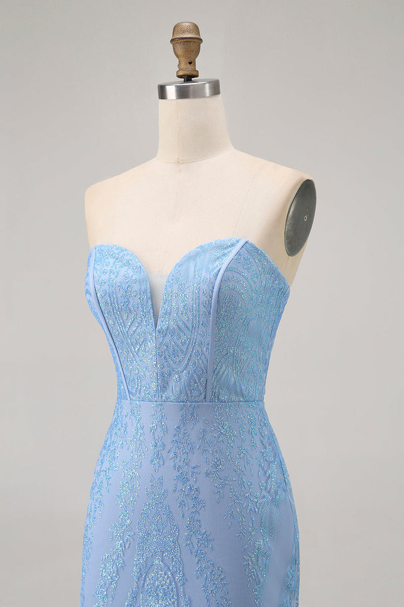 Load image into Gallery viewer, Sparkly Blue Corset Strapless Tight Short Prom Dress with Sequins