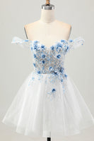 Load image into Gallery viewer, Sparkly White Blue Floral Short Corset Prom Dress with Beading