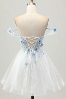 Load image into Gallery viewer, Sparkly White Blue Floral Short Corset Prom Dress with Beading