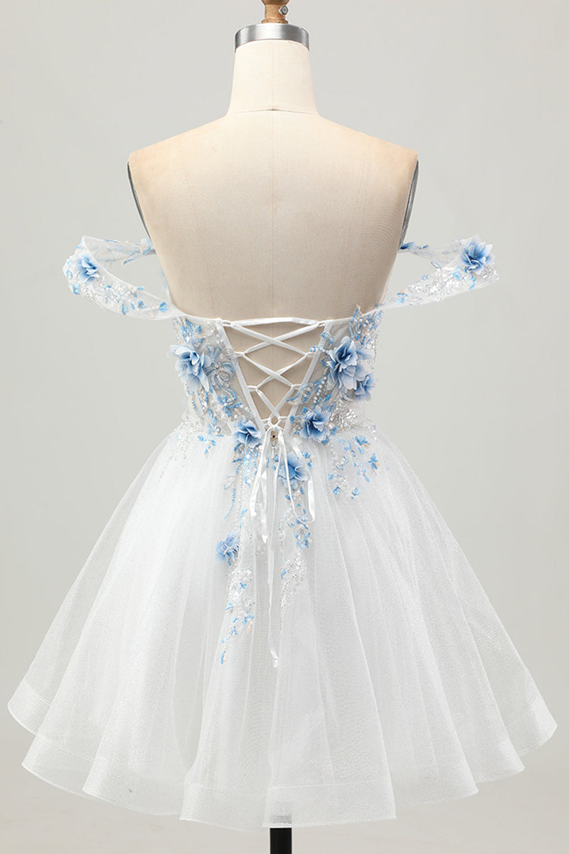 Load image into Gallery viewer, Sparkly White Blue Floral Short Corset Prom Dress with Beading