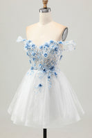 Load image into Gallery viewer, Sparkly White Blue Floral Short Corset Prom Dress with Beading