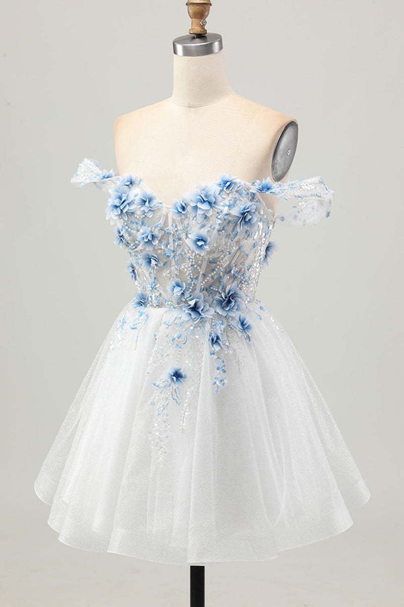 Load image into Gallery viewer, Sparkly White Blue Floral Short Corset Prom Dress with Beading