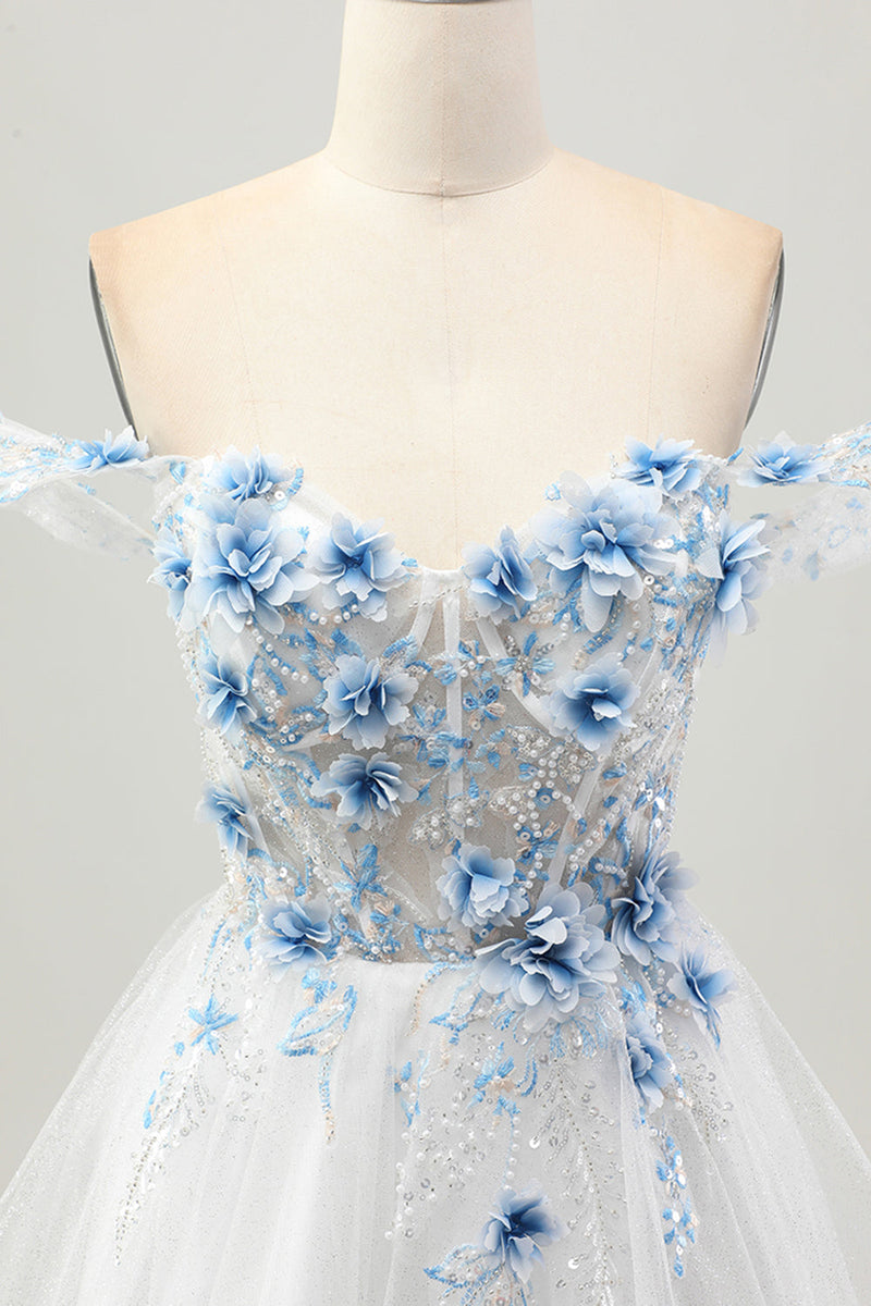 Load image into Gallery viewer, Sparkly White Blue Floral Short Corset Prom Dress with Beading