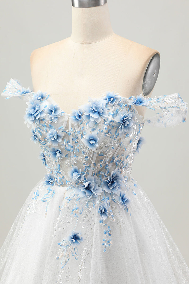 Load image into Gallery viewer, Sparkly White Blue Floral Short Corset Prom Dress with Beading