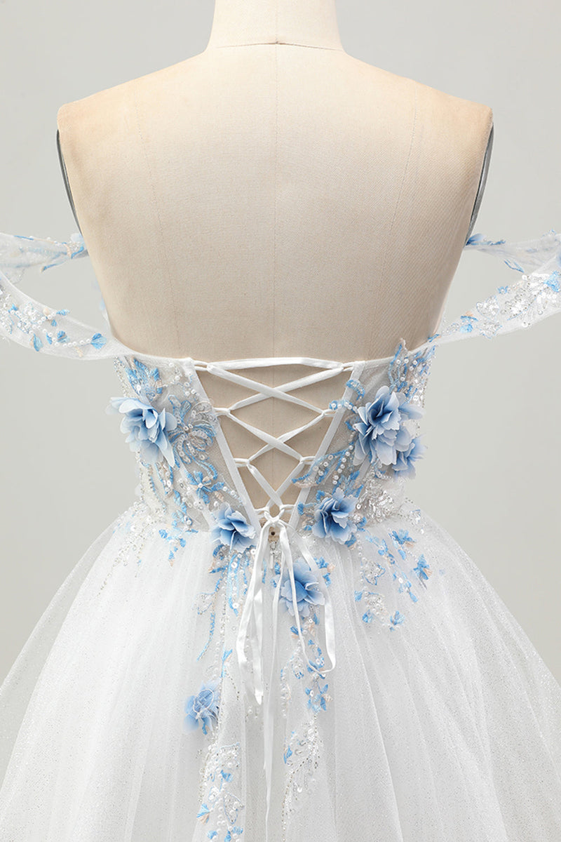 Load image into Gallery viewer, Sparkly White Blue Floral Short Corset Prom Dress with Beading