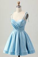 Load image into Gallery viewer, Blue A Line Spaghetti Straps Satin Short Prom Dress