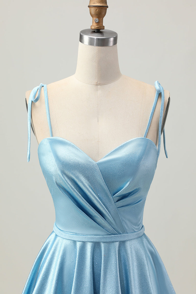 Load image into Gallery viewer, Blue A Line Spaghetti Straps Satin Short Prom Dress