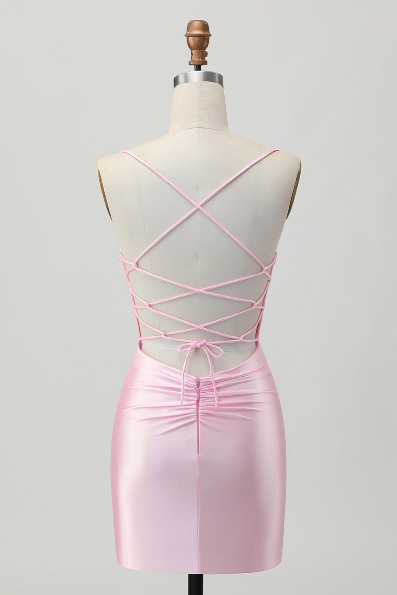 Load image into Gallery viewer, Blush Pink Spaghetti Straps Satin Tight Short Prom Dress