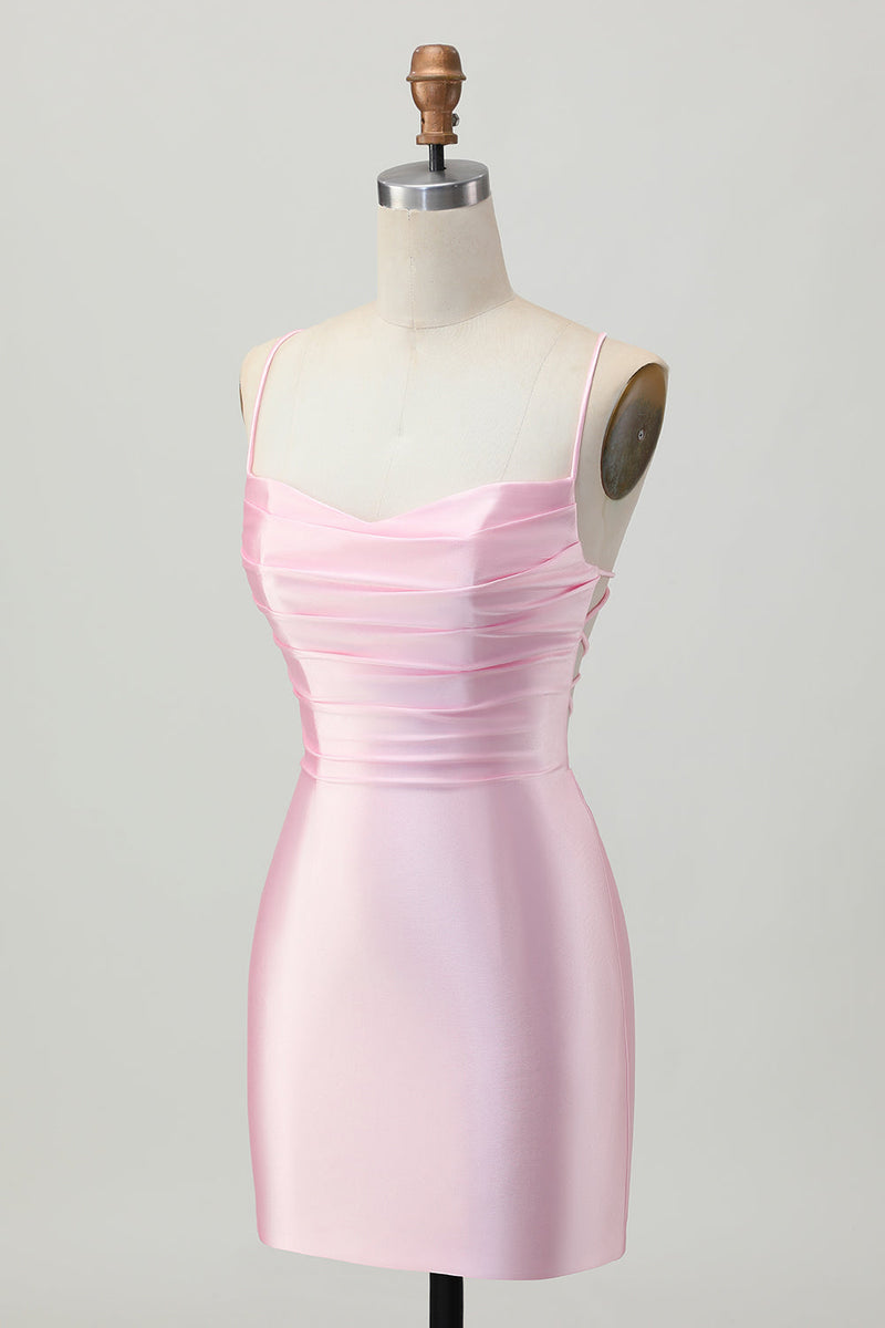 Load image into Gallery viewer, Blush Pink Spaghetti Straps Satin Tight Short Prom Dress