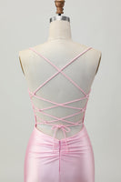 Load image into Gallery viewer, Blush Pink Spaghetti Straps Satin Tight Short Prom Dress