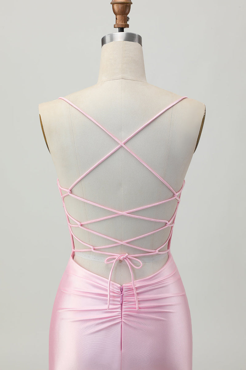 Load image into Gallery viewer, Blush Pink Spaghetti Straps Satin Tight Short Prom Dress