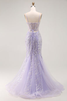 Sparkly Purple Sequins Mermaid Long Corset Prom Dress with Slit