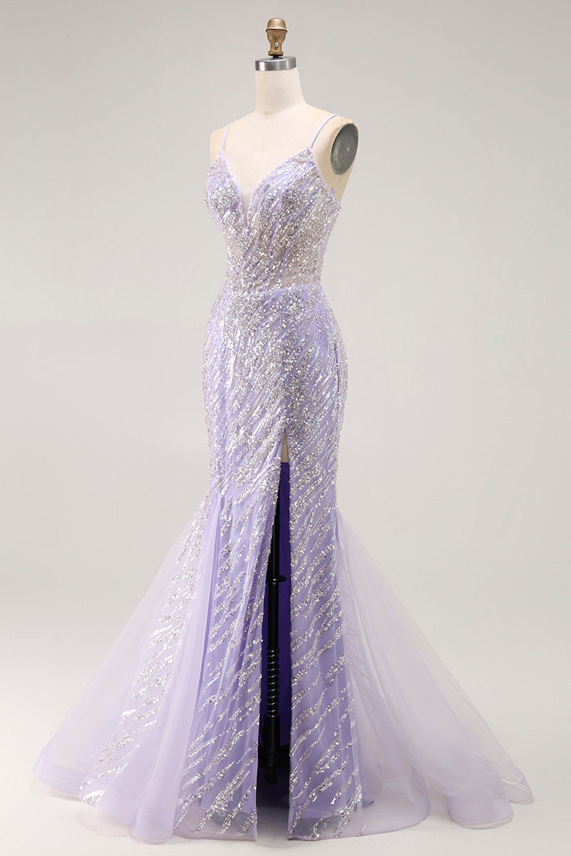 Load image into Gallery viewer, Sparkly Purple Sequins Mermaid Long Corset Prom Dress with Slit