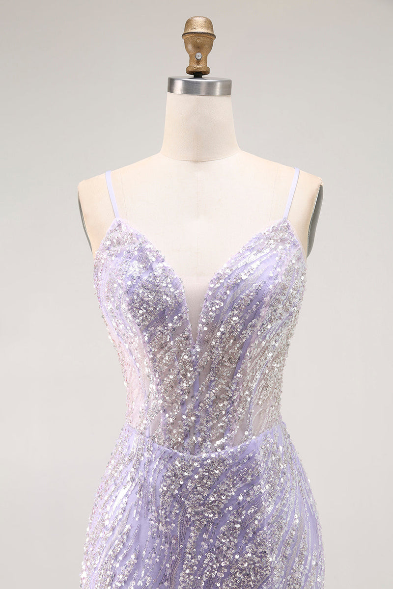 Load image into Gallery viewer, Sparkly Purple Sequins Mermaid Long Corset Prom Dress with Slit
