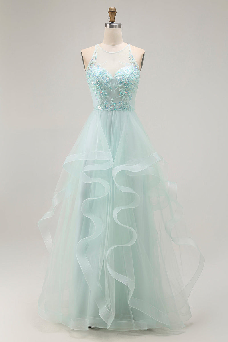 Load image into Gallery viewer, Sparkly Light Green Ruffled A Line Maxi Prom Dress with Beading