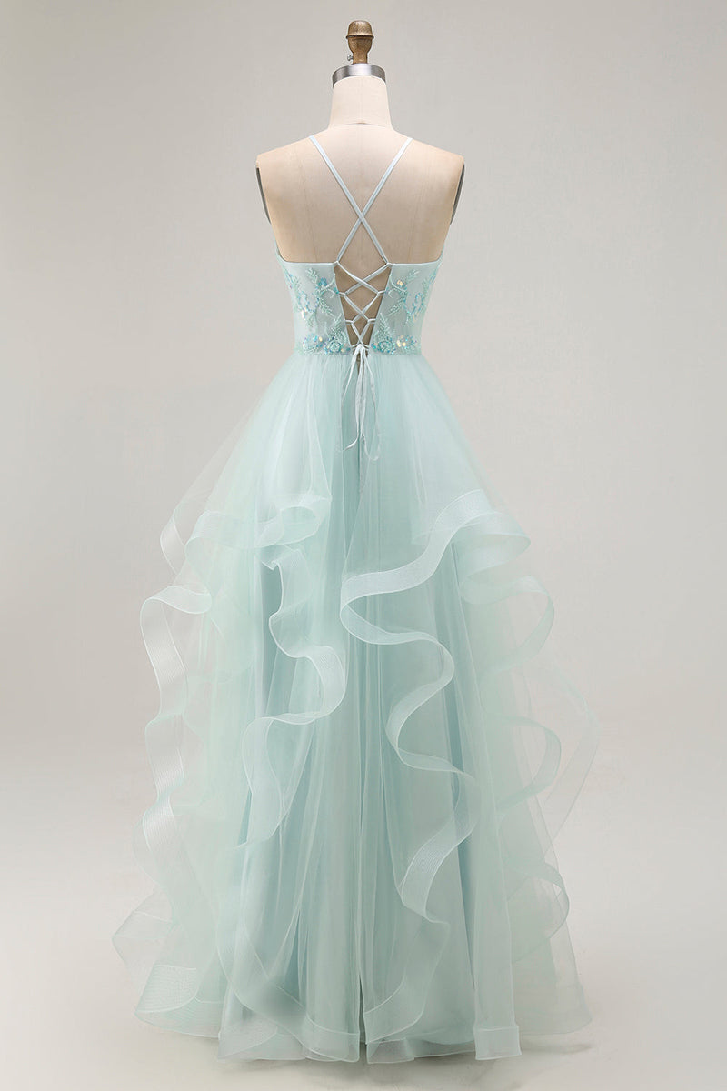 Load image into Gallery viewer, Sparkly Light Green Ruffled A Line Maxi Prom Dress with Beading