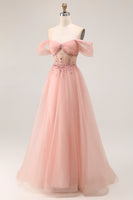 Load image into Gallery viewer, Sparkly Blush Off the Shoulder Maxi Prom Dress with Sequins