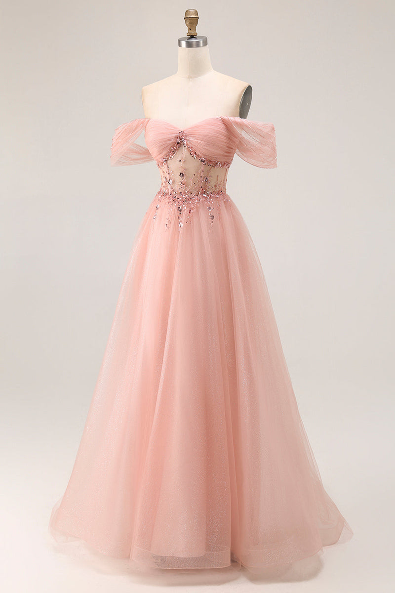 Load image into Gallery viewer, Sparkly Blush Off the Shoulder Maxi Prom Dress with Sequins