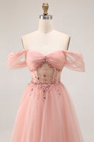 Load image into Gallery viewer, Sparkly Blush Off the Shoulder Maxi Prom Dress with Sequins