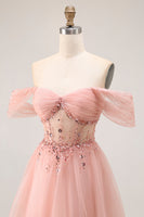 Load image into Gallery viewer, Sparkly Blush Off the Shoulder Maxi Prom Dress with Sequins