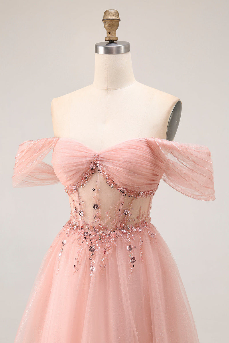 Load image into Gallery viewer, Sparkly Blush Off the Shoulder Maxi Prom Dress with Sequins