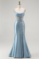 Load image into Gallery viewer, Sparkly Grey Blue Appliqued Mermaid Long Corset Prom Dress with Slit