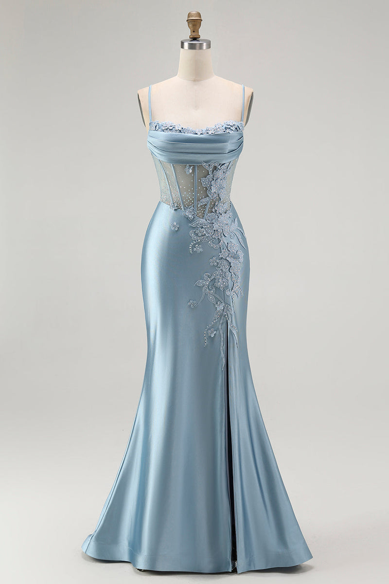 Load image into Gallery viewer, Sparkly Grey Blue Appliqued Mermaid Long Corset Prom Dress with Slit