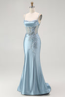 Load image into Gallery viewer, Sparkly Grey Blue Appliqued Mermaid Long Corset Prom Dress with Slit