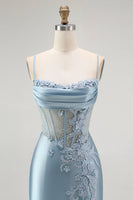 Load image into Gallery viewer, Sparkly Grey Blue Appliqued Mermaid Long Corset Prom Dress with Slit