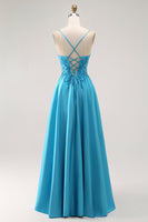 Load image into Gallery viewer, Sparkly Blue Satin A Line Long Prom Dress with Beading