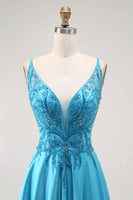 Load image into Gallery viewer, Sparkly Blue Satin A Line Long Prom Dress with Beading