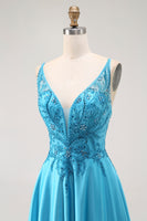 Load image into Gallery viewer, Sparkly Blue Satin A Line Long Prom Dress with Beading