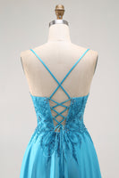 Load image into Gallery viewer, Sparkly Blue Satin A Line Long Prom Dress with Beading