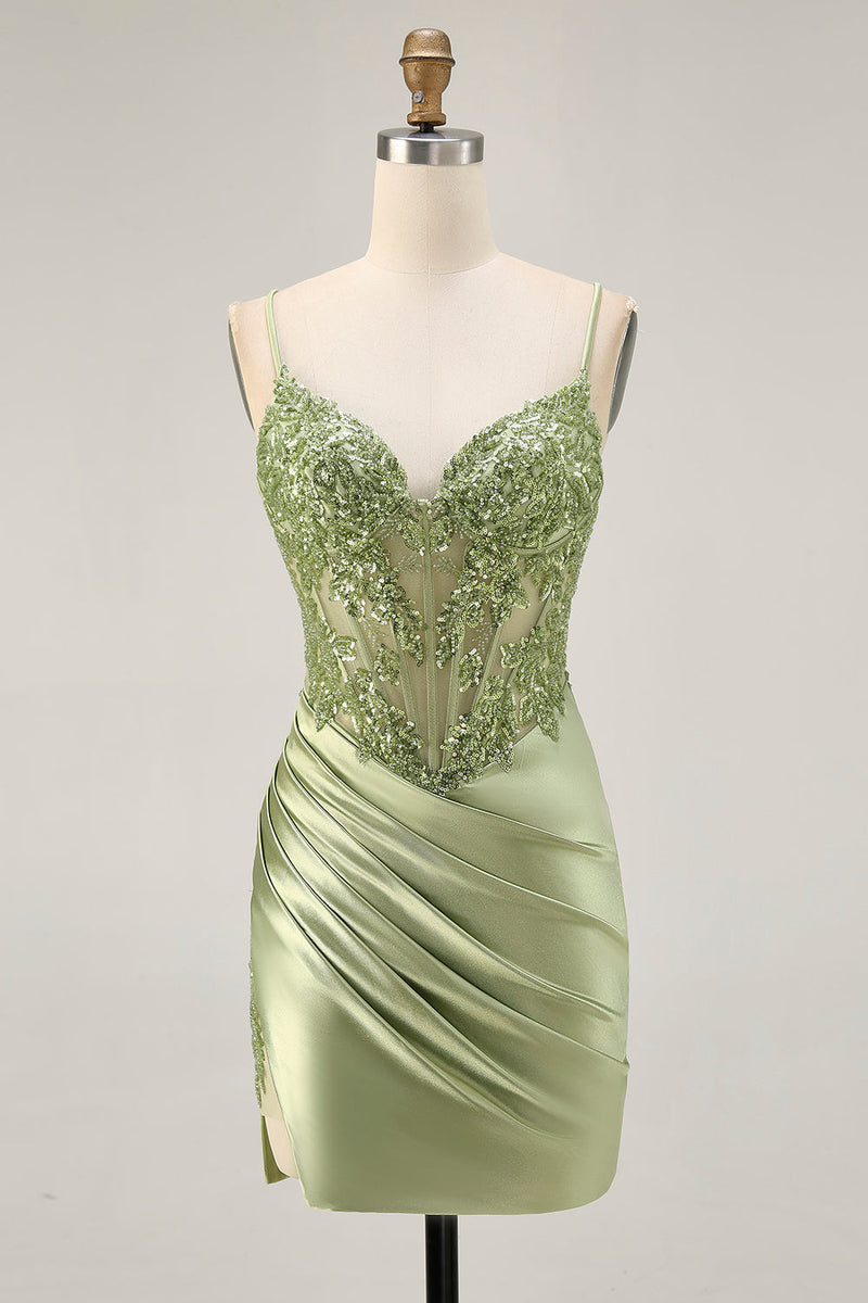 Load image into Gallery viewer, Sparkly Sage Green Tight Satin Short Corset Prom Dress with Sequins